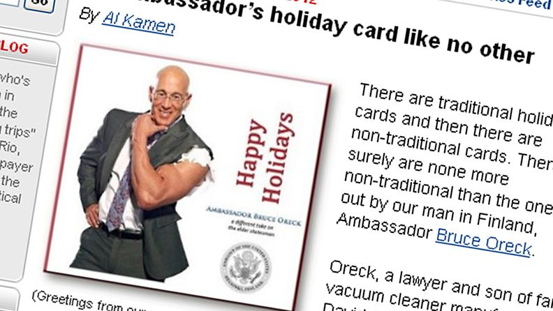 USA:n Suomen suurlähettilään Bruce Oreckin lähettämä joulukortti ystävilleen. Kuvakaappaus Washington Postin sivuilta.