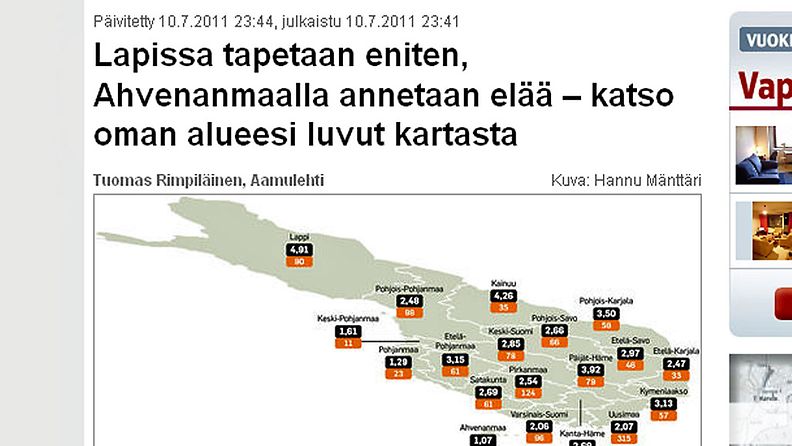 Kuvakaappaus Aamulehden verkkolehden uutisesta, jossa kerrotaan henkirikostilastoista Suomessa 11.7.2011.