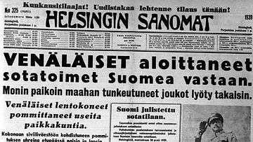  Helsingin Sanomien etusivu 1. joulukuuta 1939, "Venäläiset aloittaneet sotatoimet Suomea vastaan".