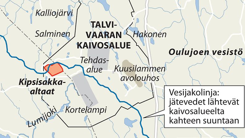 Talvivaaran kaivosalue, vesijakolinja sekä lähiseudun merkittävät järvet ja joet.