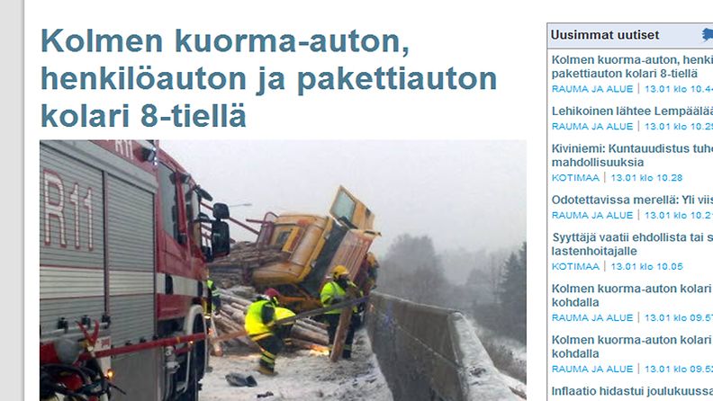 Kuvakaappaus Länsi-Suomi -lehden nettisivulta Raumalla sattuneesta kolmen rekan kolarista, jossa tielle levisi mm. puutavaraa.