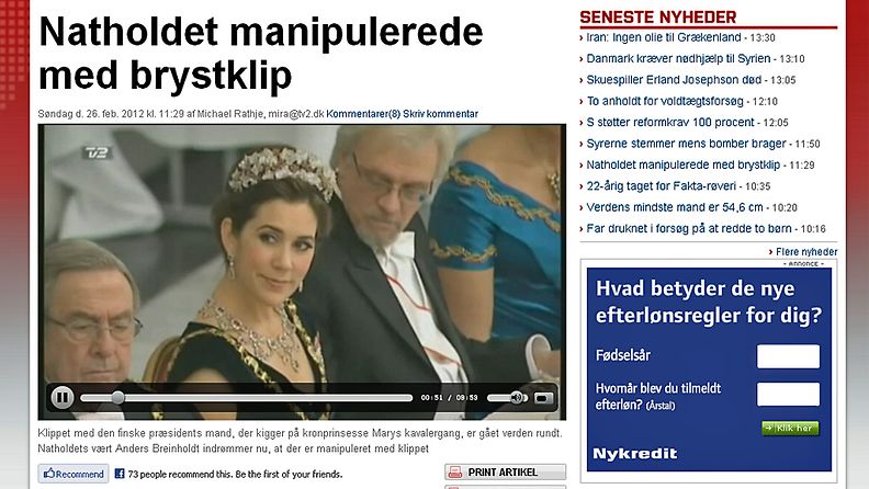 Kuvakaappaus 26.2.2012  Tanskan TV2:n uutisesta, jossa kerrotaan, että Arajärveä pilkaava video oli manipuloitu.
