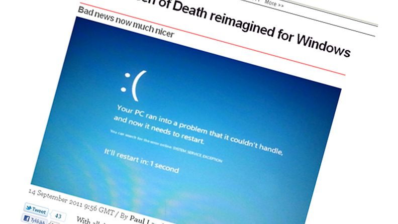 Windows 8:n kuolemanruutu eli Blue Screen Of Death. Ruutunäkymä Pocket-lint -sivustolta.