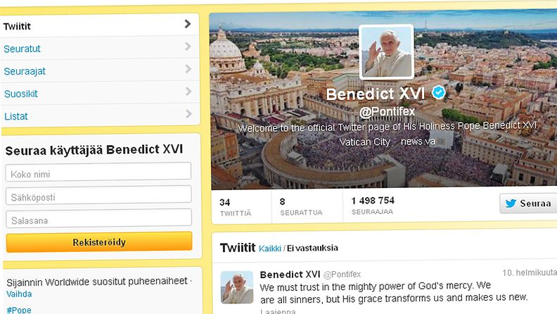 Kuvakaappaus Paavin Twitter-sivuilta.
