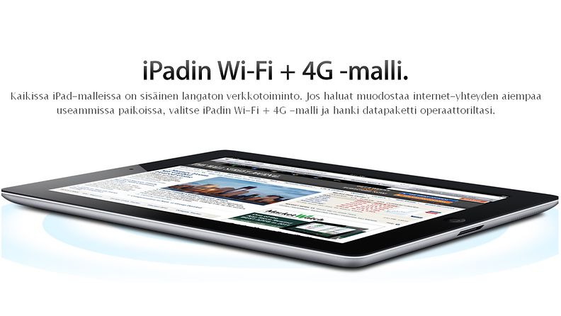 Apple mainostaa iPadin 4G-ominaisuutta, vaikka se ei Suomessa toimikaan. Kuvakaappaus Applen sivuilta.