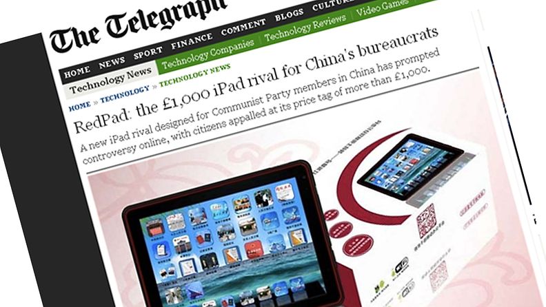 Kiinalainen RedPad Number One -tabletkone. Kuvaruutunäkymä The Telegraphin sivuilta.