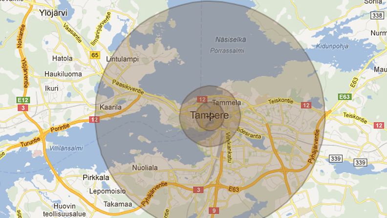 Kymmenen kilotonnin räjähdyksen vaikutus Tampereen kartalla havainnollistettuna.