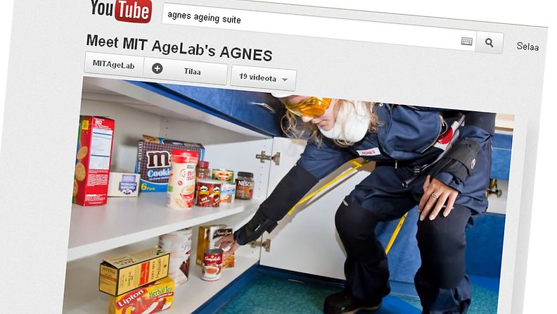 AGNES -ikääntymispuku. Kuvaruutunäkymä YouTubesta.