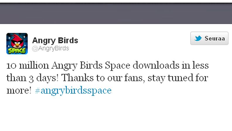 Angry Birds Space -twitterviesti 2012.