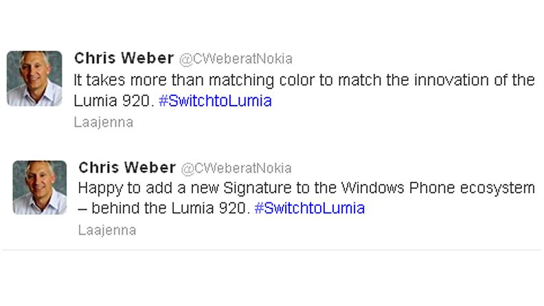 Nokian markkinointipäällikkö Chris Weber kommentoi HTC:n laitejulkistusta Twitterissä.