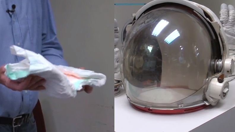 NASAn avaruuspuvun osia, vaipat ja kypärä. Kuvakaappaus tested.comin YouTube-videosta.