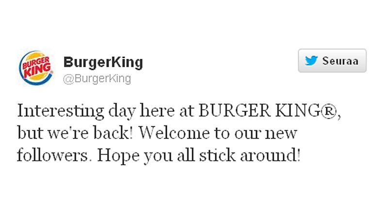 Burger Kingin Twitter viesti krakkerihyökkäyksen jälkeen.