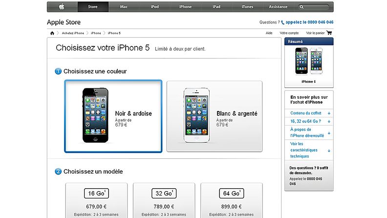 Kuvakaappaus Applen Ranskan verkkokaupan sivusta 16.9.2012.