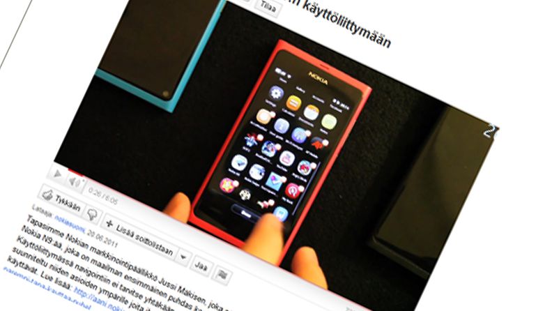 Nokia N9 laitteen esittelyvideo. Ruutunäkymä YouTubesta.