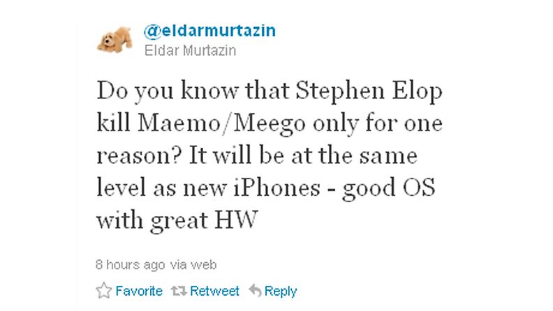 Nokia-vuotaja Eldar Murtazinin Twitter-viesti MeeGo puhelimesta.