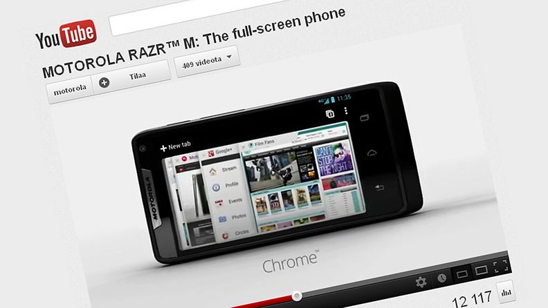 Motorola Razr M Androidpuhelin. Kuvakaappaus YouTubesta.