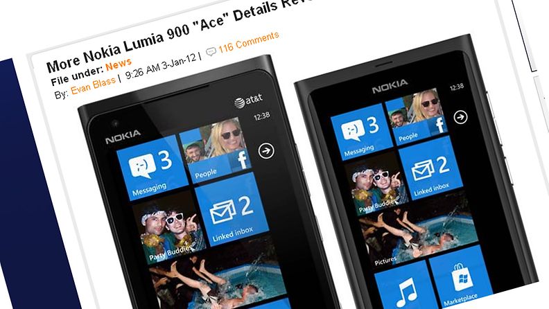 Ennakkotietojen mukaan Lumia 900 Ace puhelimesta tehty mallinnus. Kuvaruutunäkymä Pocketnow.comin sivuilta.