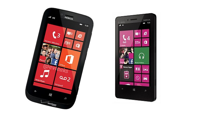 Vasemmalla @evleaksin julkaisema kuva Nokia "Atlaksesta", oikealla T-Mobilen kautta myyntiin tuleva Lumia 810.
