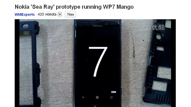 Nokian väitetystä WP7 Sea Ray -puhelimesta YouTubeen vuodettu video.