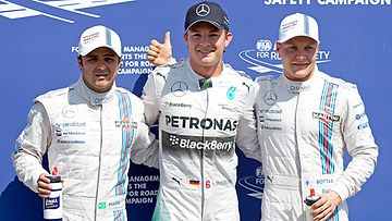 Saksan GP:n aika-ajon kärkikolmikko Nico Rosberg, Valtteri Bottas ja Felipe Massa.