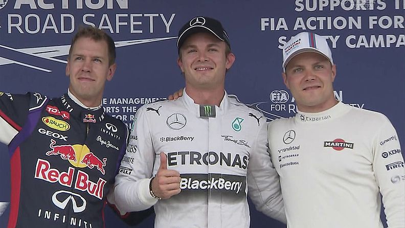 Sebastian Vettel, Nico Rosberg ja Valtteri Bottas