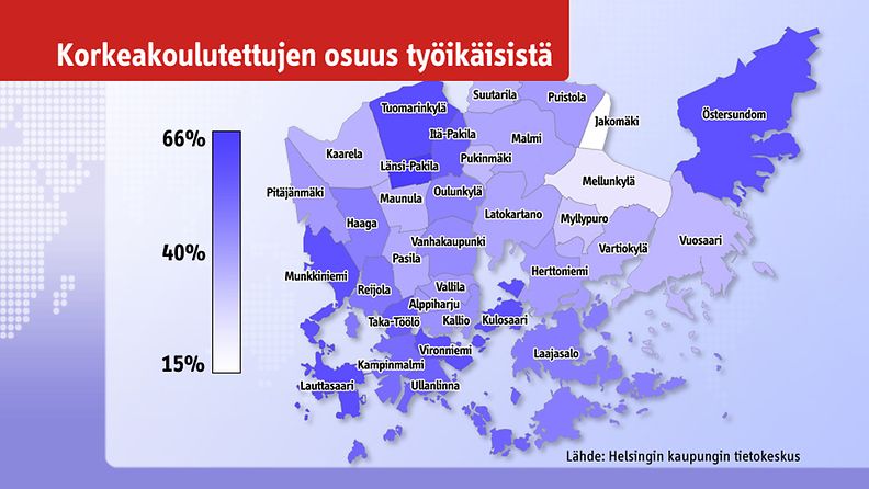 MTV3 Uutiset selvitti kaupunginosittain pääkaupungin korkeakoulutetun väestön.
