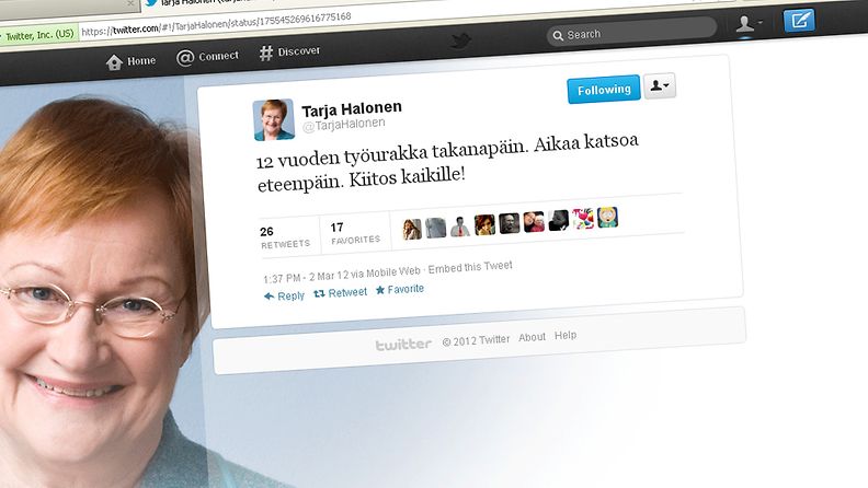 Tarja Halonen kiitti menneistä vuosista Twitterissä.