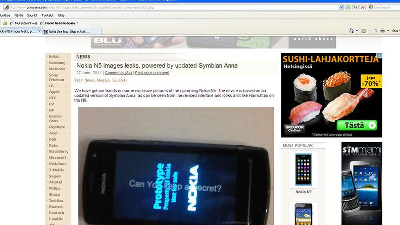 Verkkosivusto GSM Arena väittää saaneensa kuvia N5-puhelimesta, jossa olisi Symbian Anna-käyttöjärjestelmä.