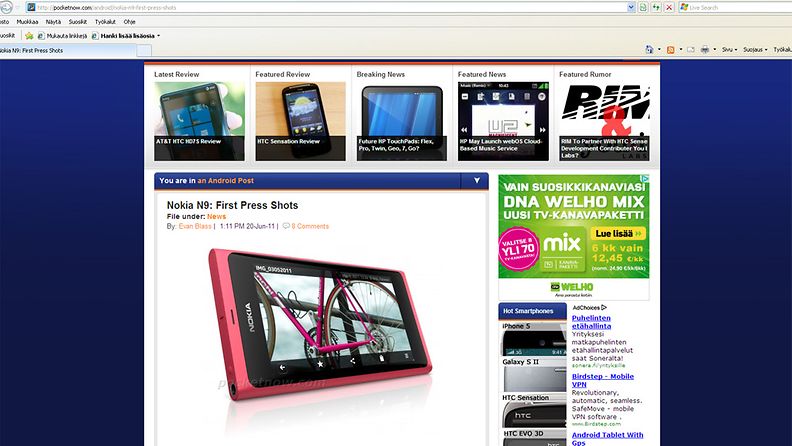 Kuvakaappaus Pocketnow-sivustolta. Sivusto väittää saaneensa haltuun ensimmäiset kuvat Nokian N9-puhelimesta. 