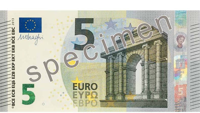 Uusi viiden euron seteli lasketaan liikkeelle toukokuussa 2013. Tältä seteli näyttää etupuolelta.