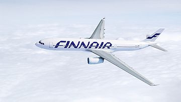 Kuvahahmotelma Airbus A340 -lentokoneesta Finnairin uuden ilmeen mukaisena.