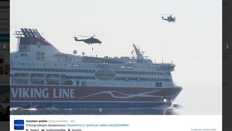 kuva poliisi laiva Viking Grace harjoitus operaatio kuvakaappaus Twitteristä