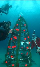 Suomalaisten Välimerellä pitämä sukelluskerho tempaisi ja koristeli joulukuusen veden alle.