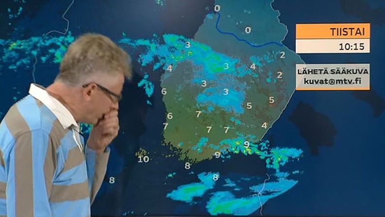 Meteorologi Pekka Pouta varoitteli ihmisiä syysflunssasta aivasteltuaan itse Turun ja Lounais-Suomen sääennusteen yhteydessä televisiossa 14. lokakuuta 2014