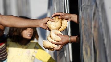 Kurdilainen vapaaehtoinen jakaa leipää syyrialaisille pakolaisille Sanliurfan kaupungissa 22.10.2014.