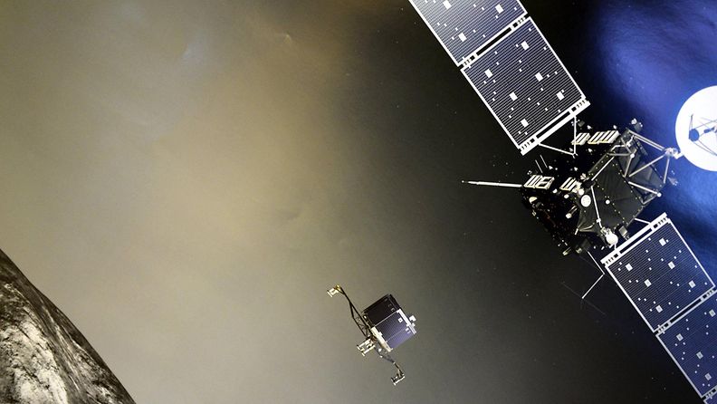 Taiteilijan simulaatio, jossa esiteltiin Euroopan avaruusjärjestön ESAn Rosetta-luotaimen laskeutumisaluksen Philaen laskeutumista komeetta P67/Churymov-Gerasimenkolle,  Ilmatieteen laitoksen landing partyssa Helsingissä 12. marraskuuta 2014. 