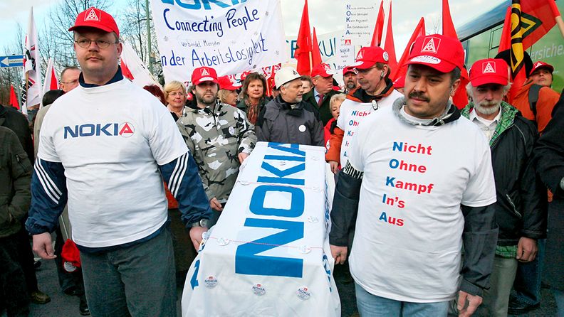 Mielenosoitus Nokian Bochumin-tehtaan lopettamista vastaan 22.1.2008.