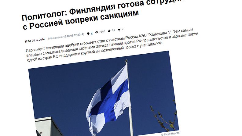 RIA Novostin otsikossa todetaan: Politologi: Suomi valmis yhteistyöhön pakotteista huolimatta