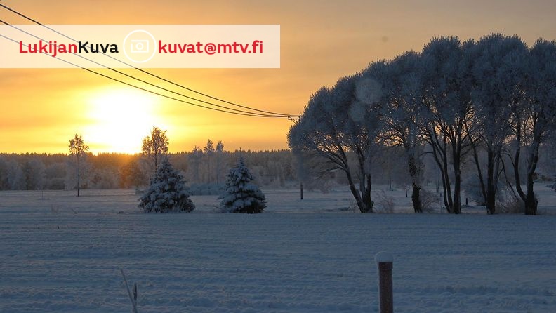 Aurinko hehkuu kuuraisessa maisemassa Utajärvellä 28. joulukuuta 2014. Lukijan kuva: Sinikka Kujala