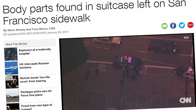 Kadulle jätetystä laukusta löytyi ruumiinosia San Franciscossa. Kuvakaappaus CNN:n nettisivuilta.