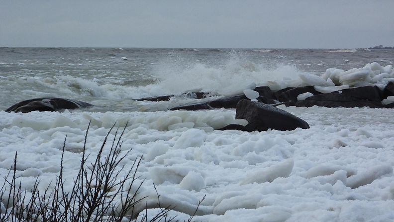 Tuuli ja nouseva vesi nostivat jäälohkareet rantakalliolle Porin Kallossa tammikuussa 2015. Lukijan kuva: Matti Nurmi