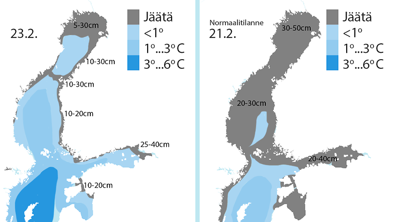 Jäätilanne Suomen merialueilla 23.2.2015 sekä keskimääräinen jäätilanne 21.2. Lähde: Ilmatieteen laitos