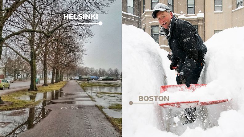 Helsingin Eirassa oli lumetonta 21. helmikuuta 2015. Bostonissa Yhdysvalloissa puolestaan lapioitiin lunta 15. helmikuuta 2015.