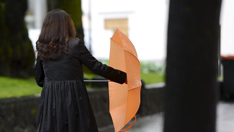 Nainen sateenvarjoineen sateisena Helsinki-päivänä Esplanadilla 12. kesäkuuta 2014.
