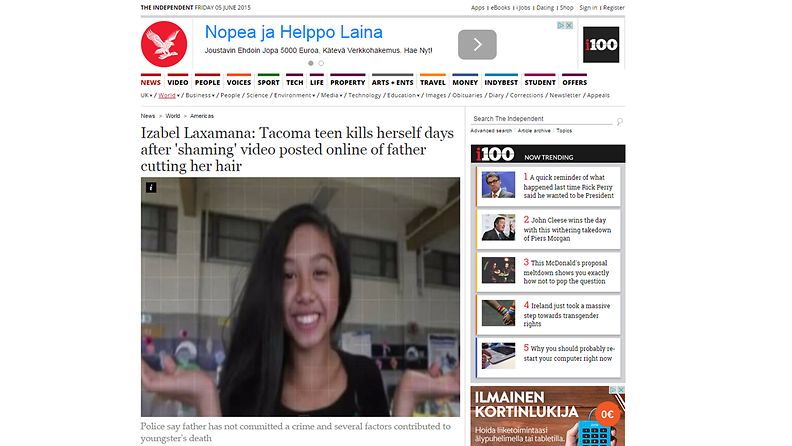 13-vuotias tyttö teki itsemurhan, kun hänen isänsä oli nöyryyttänyt häntä videolla. 