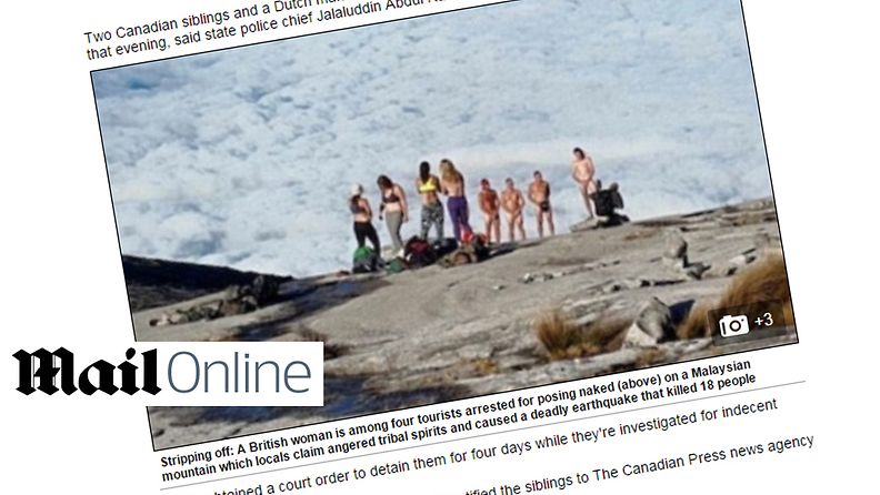Turistit poseerasivat alastomina pyhällä vuorella Malesiassa. Teko vihastutti paikalliset. Kuvakaappaus DailyMailin sivuilta