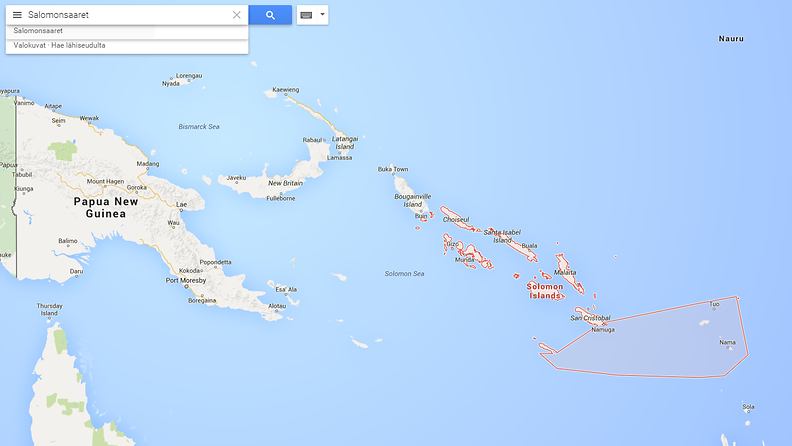 Google Maps -karttapalvelussa Tyynen valtameren Salomonsaaret näkyvät punaisella rajattuina.