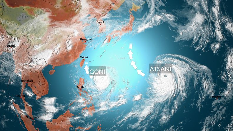 Tyynellämerellä taifuuni Goni etenee kohti Taiwania ja Filippiinejä, taifuuni Atsani puolestaan kohti Japania.