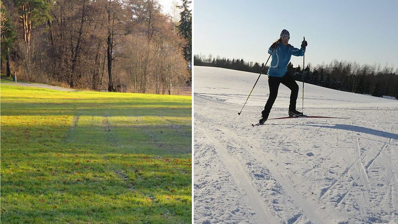 Maisema Tampereella joulukuussa 2015 (vas.) ja Helsingissä helmikuussa 2013. talvi lumi musta joulu