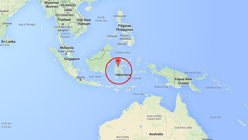 Indonesia, Sulawesi. Kuvakaappaus Google Mapsista